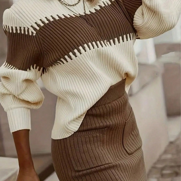 2pcs/Set Color Block Sweater And Sweater Dress Set - Picture 4 of 5